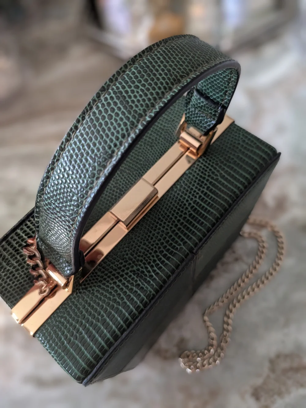 Topshop Dark Green Patchwork Box Satchel with Gold Chain